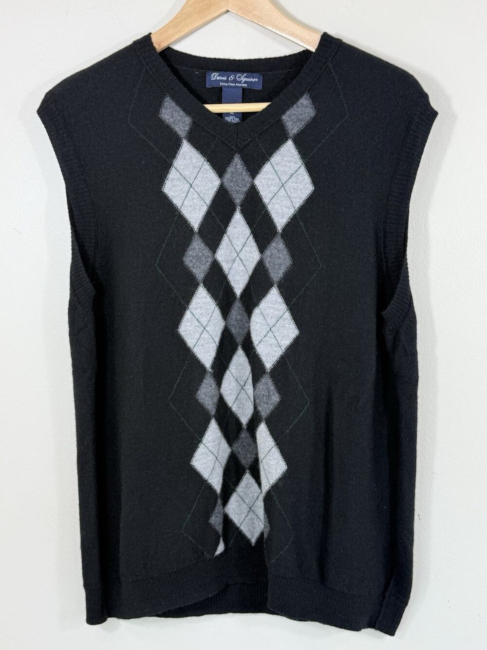 Davis & Squire Sweater Vest Mens Size XL Black Argyle Merino Wool Preppy Golf
